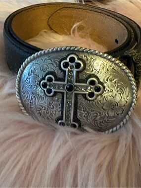 {VTG} NOCONA Western Silver Cross Buckle Belt Genuine Leather Cowgirl M RARE